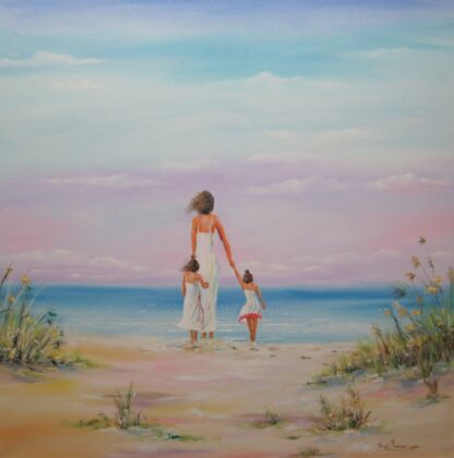 This beach scene painting features soft and warm colors. It depicts the beautiful interaction between a mother and her children. The painting is a lovely piece for anyone who wishes to bring a bit of sunshine and happiness into their home.